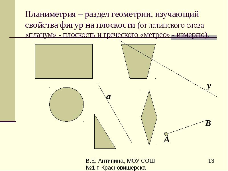 Планиметрия – раздел геометрии, изучающий свойства фигур на плоскости (от латинского Планиметрия – раздел геометрии, изучающий свойства фигур на плоскости (от латинского