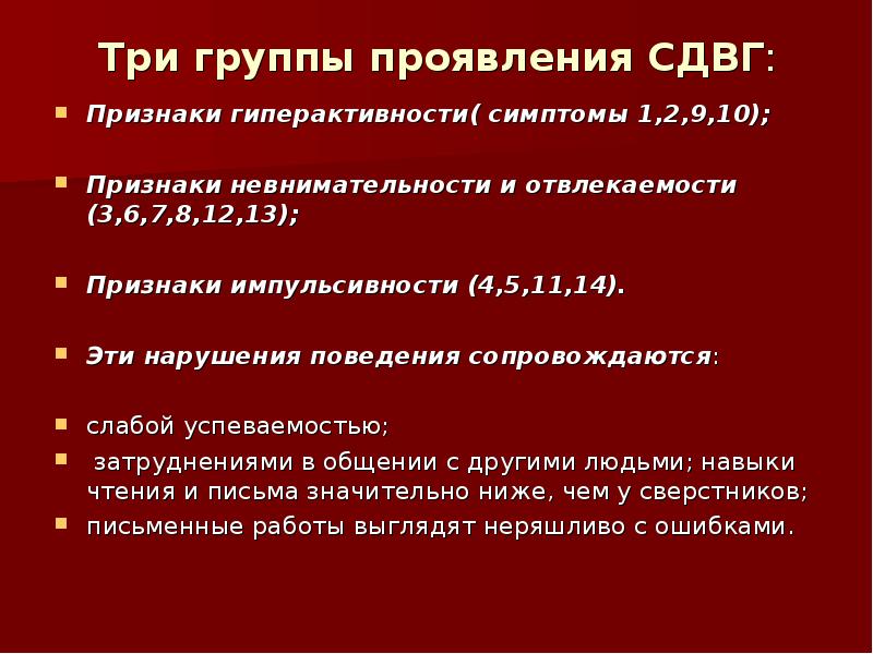 Группы симптомов сдвг