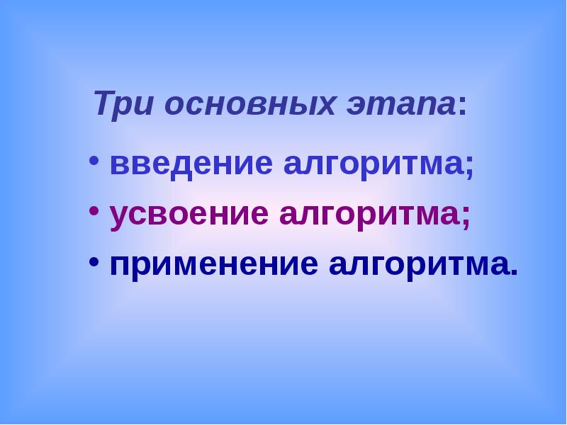 Три основных этапа:  введение алгоритма;  усвоение алгоритма;  применение