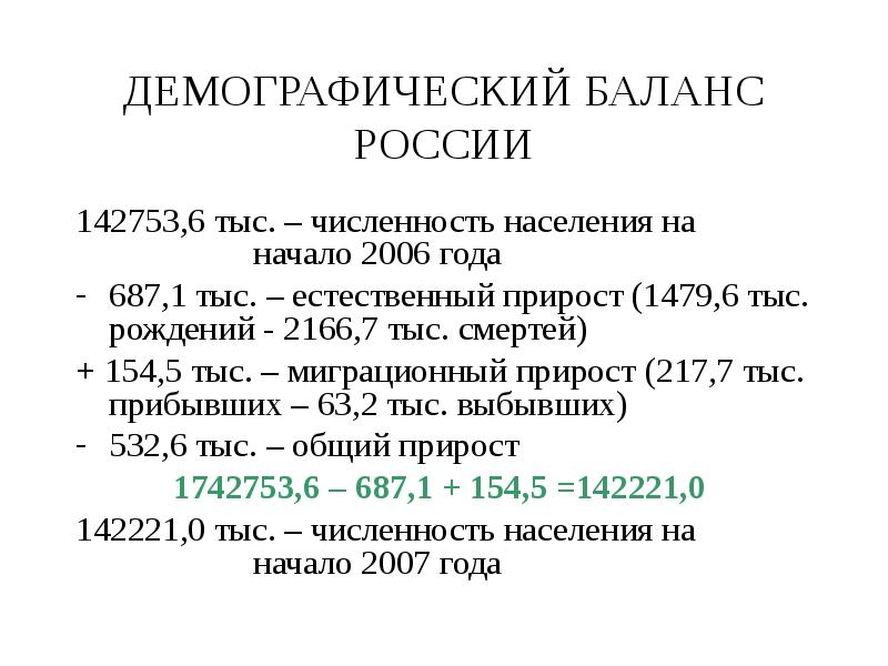 ДЕМОГРАФИЧЕСКИЙ БАЛАНС РОССИИ 142753,6 тыс. – численность населения на 			начало 2006