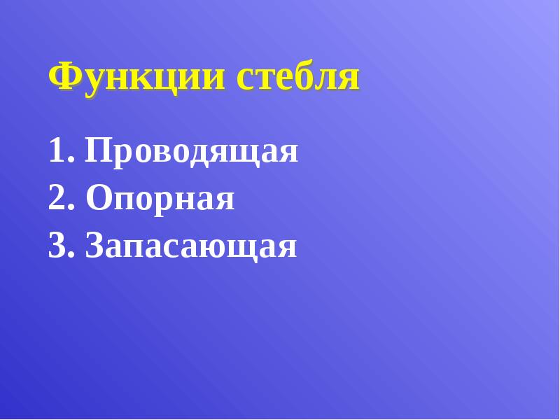 Функции стебля
Проводящая
Опорная
Запасающая Функции стебля
Проводящая
Опорная
Запасающая