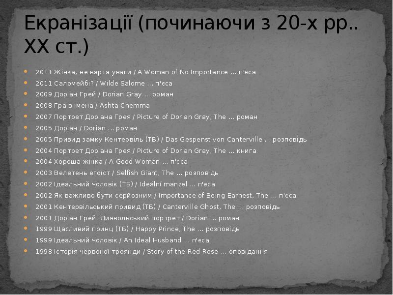 Екранізації (починаючи з 20-х рр.. XX ст.)
2011 Жінка, не варта Екранізації (починаючи з 20-х рр.. XX ст.)
2011 Жінка, не варта