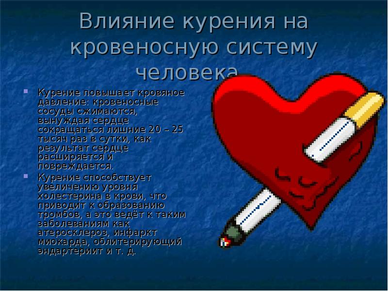 Влияние курения на кровеносную систему человека.
Курение повышает кровяное давление: Влияние курения на кровеносную систему человека.
Курение повышает кровяное давление: