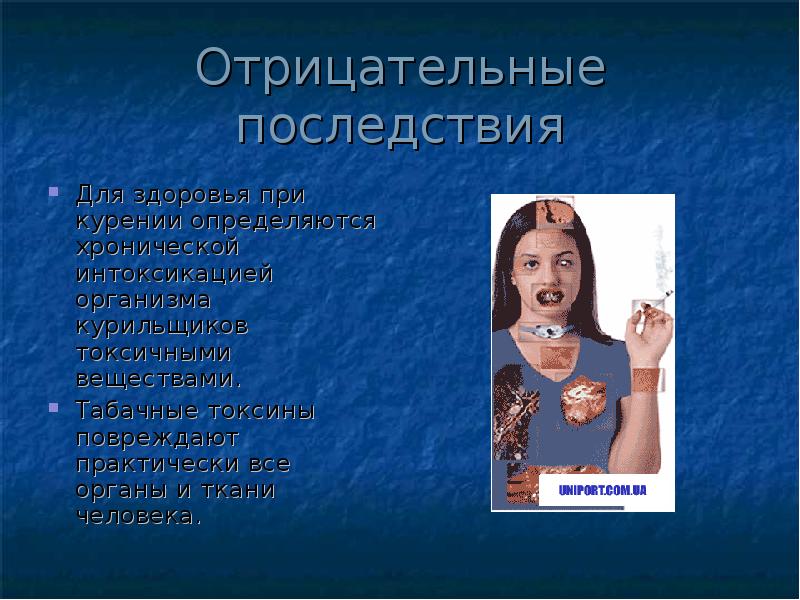 Отрицательные последствия
Для здоровья при курении определяются хронической интоксикацией организма курильщиков Отрицательные последствия
Для здоровья при курении определяются хронической интоксикацией организма курильщиков