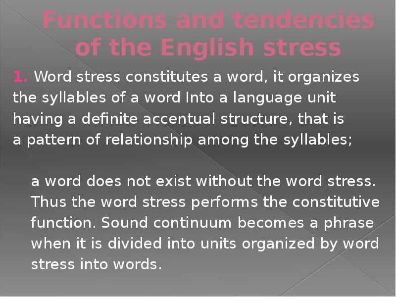 Word stress. Word stress in English презентация. Functions of the English Word stress. Word stress Rules. Functions and tendencies of the English stress.