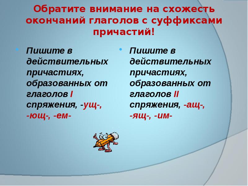 Окончание глаголов и суффиксов причастий. Причастия образованные от глаголов 1 спряжения. Правописание суффиксов и личных окончаний глагола. Правописание личных окончаний глаголов. 12. Правописание личных окончаний глаголов и суффиксов причастий.