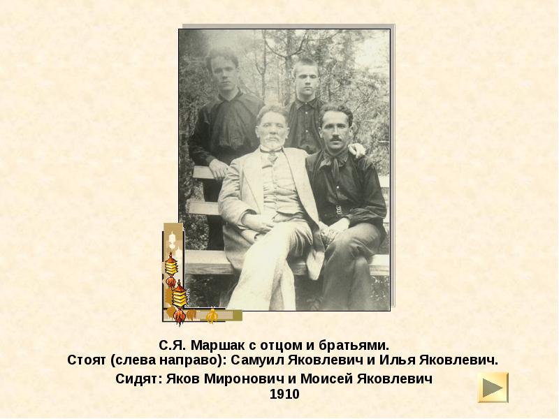 С.Я. Маршак с отцом и братьями. Стоят (слева направо): Самуил Яковлевич С.Я. Маршак с отцом и братьями. Стоят (слева направо): Самуил Яковлевич
