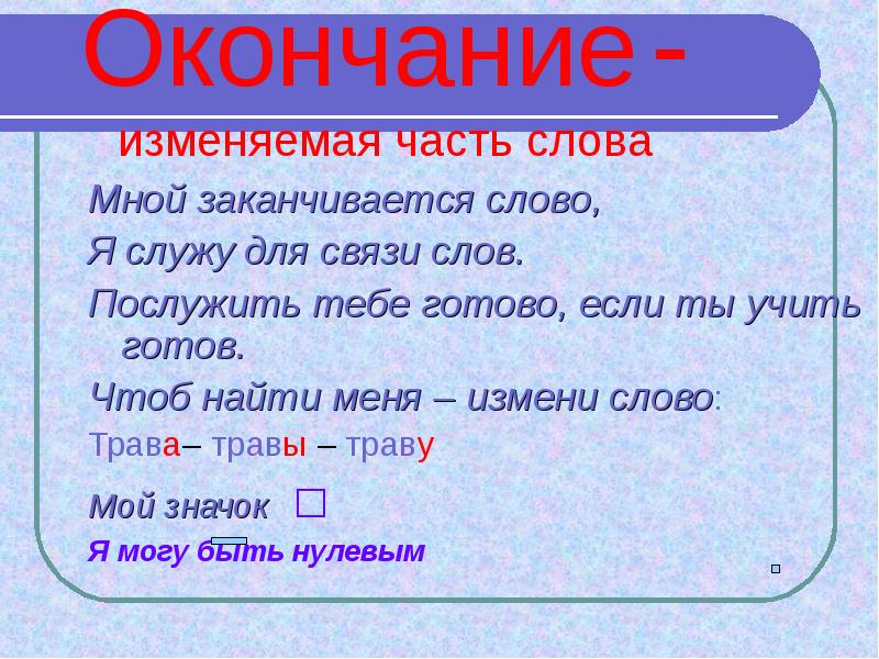 Про окончание. Окончание это изменяемая часть слова. Окончание слова. Окончание часть слова. Окончание в слове словах.