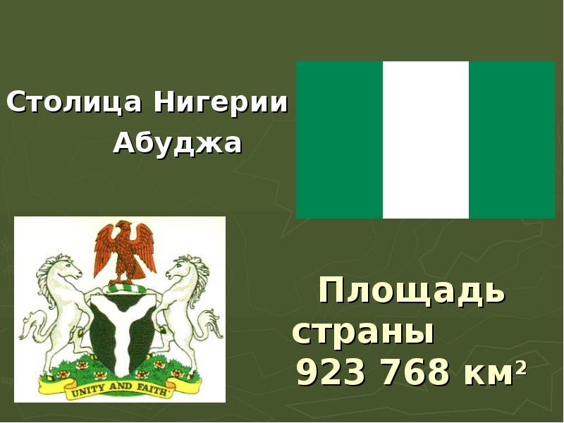 Площадь страны     923 768 км2 Столица Нигерии