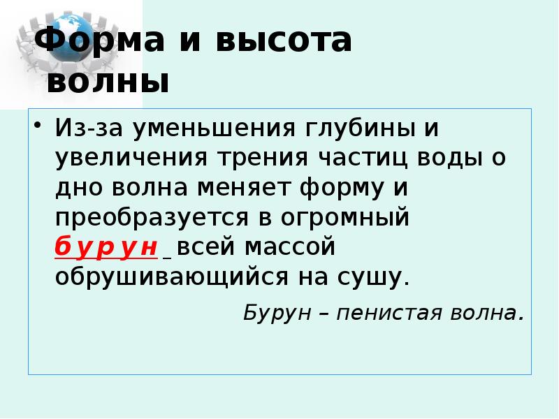 Форма и высота волны
Из-за уменьшения глубины и увеличения трения Форма и высота волны
Из-за уменьшения глубины и увеличения трения
