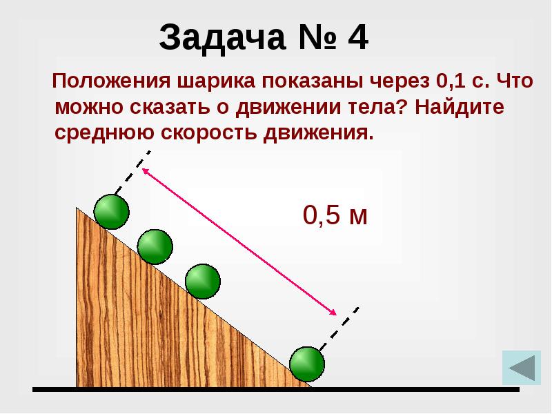 Задача № 4   Положения шарика показаны через 0,1 с.