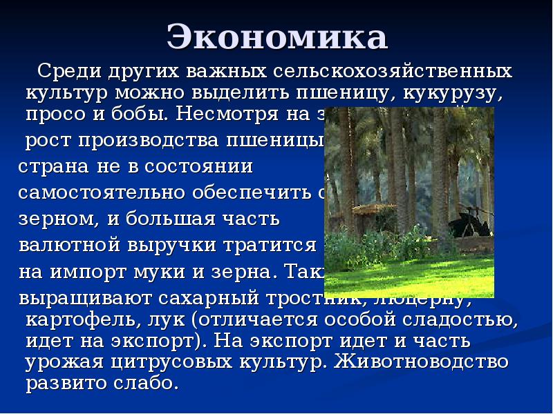 Экономика
Среди других важных сельскохозяйственных культур можно выделить Экономика
Среди других важных сельскохозяйственных культур можно выделить
