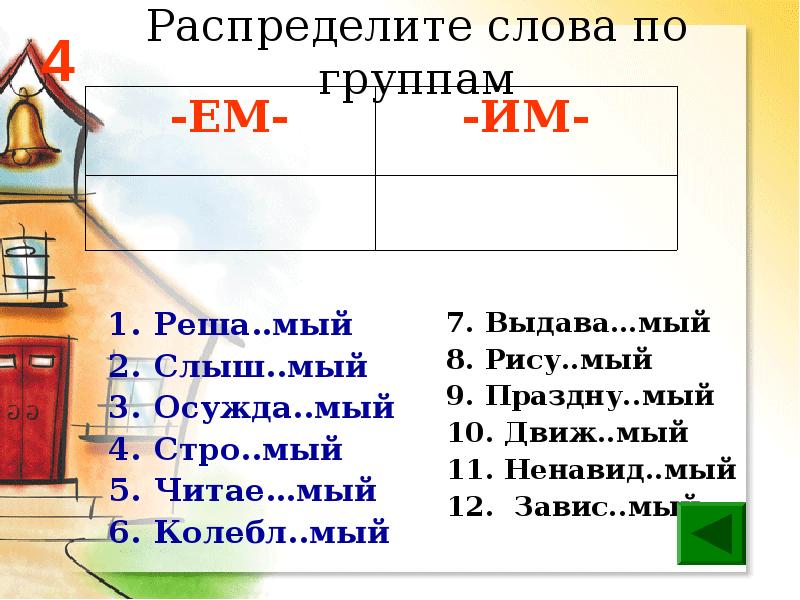 Стро мый. Движ..мый. Завис..мый. Распределить слова по группам. Колебл..мый.