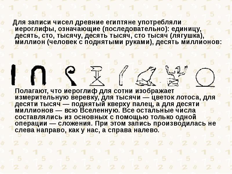 Как считали в древнем египте. Цифры древнего Египта. Числа в древнем Египте. Обозначение чисел в древности. Запись чисел у древних египтян.