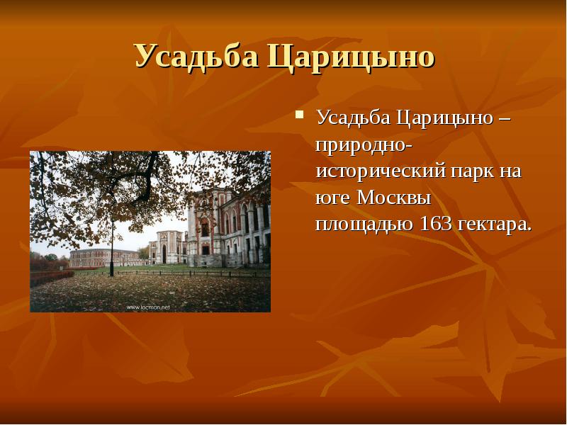Усадьба Царицыно Усадьба Царицыно – природно-исторический парк на юге Москвы площадью