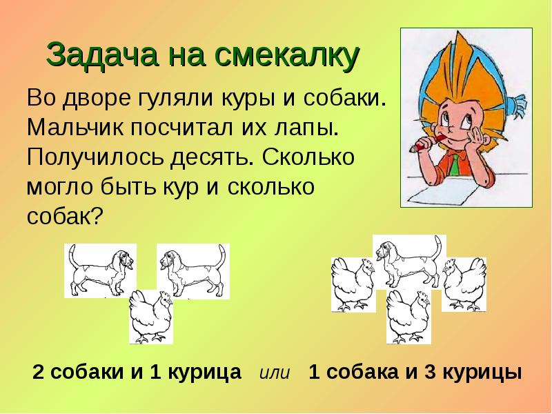 Задача на смекалку
Во дворе гуляли куры и Задача на смекалку
Во дворе гуляли куры и