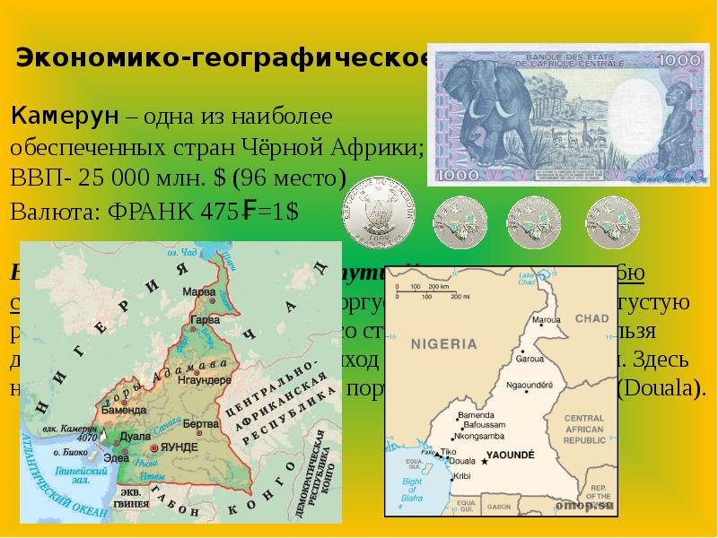 Экономико-географическое положение  Камерун – одна из наиболее  обеспеченных стран