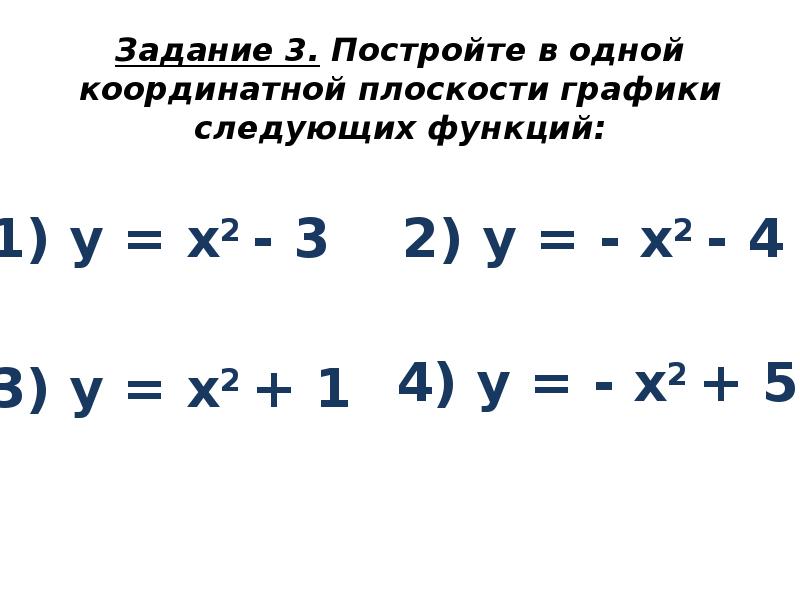 Задание 3. Постройте в одной координатной плоскости графики следующих функций: Задание 3. Постройте в одной координатной плоскости графики следующих функций: