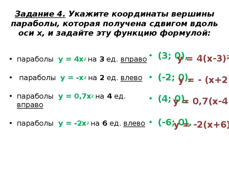 Задание 4. Укажите координаты вершины параболы, которая получена сдвигом вдоль оси Задание 4. Укажите координаты вершины параболы, которая получена сдвигом вдоль оси