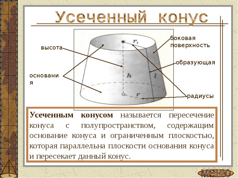 Конус основание высота боковая. Элементы усеченного конуса. Усеченный конус и его элементы. Усеченный конус и его основные элементы. Образующая тела вращения.