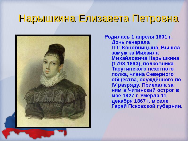 Нарышкина Елизавета Петровна Родилась 1 апреля 1801 г. Дочь генерала П.П.Коновницына.
