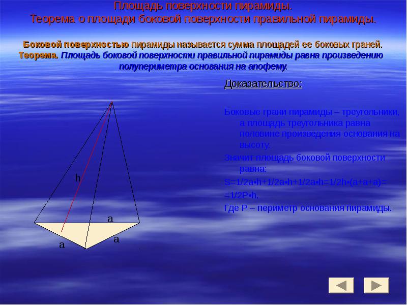 Боковая пирамиды. Боковой поверхностью пирамиды называется. Теорема о площади поверхности правильной пирамиды. Площадь боковой поверхности пирамиды. Теорема о боковой поверхности правильной пирамиды.