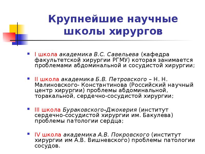 Современные хирургические школы. Исторические этапы развития хирургии. 5 Этапов развития хирургии. Отечественные хирургические школы.