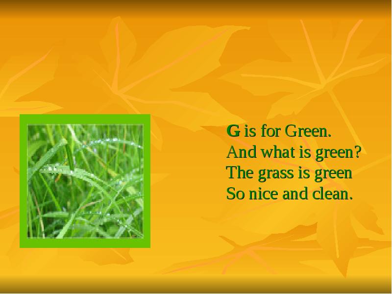 This is green. What is Green the grass is Green. The grass is Green или are Green. Green and what. G is for Green.