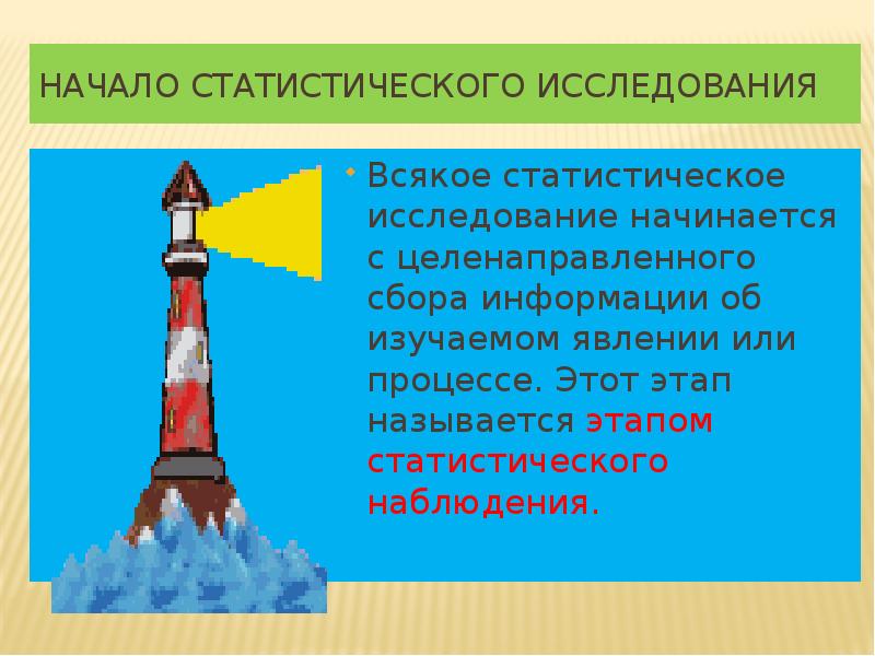 Начало статистического исследования
Всякое статистическое исследование начинается с целенаправленного сбора информации Начало статистического исследования
Всякое статистическое исследование начинается с целенаправленного сбора информации