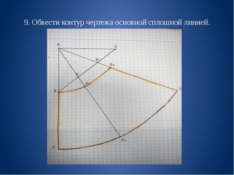 Чертеж юбки колокол. Обвести контур чертежа основной. Построение чертежа юбки колокол 7 класс пошагово презентациям.