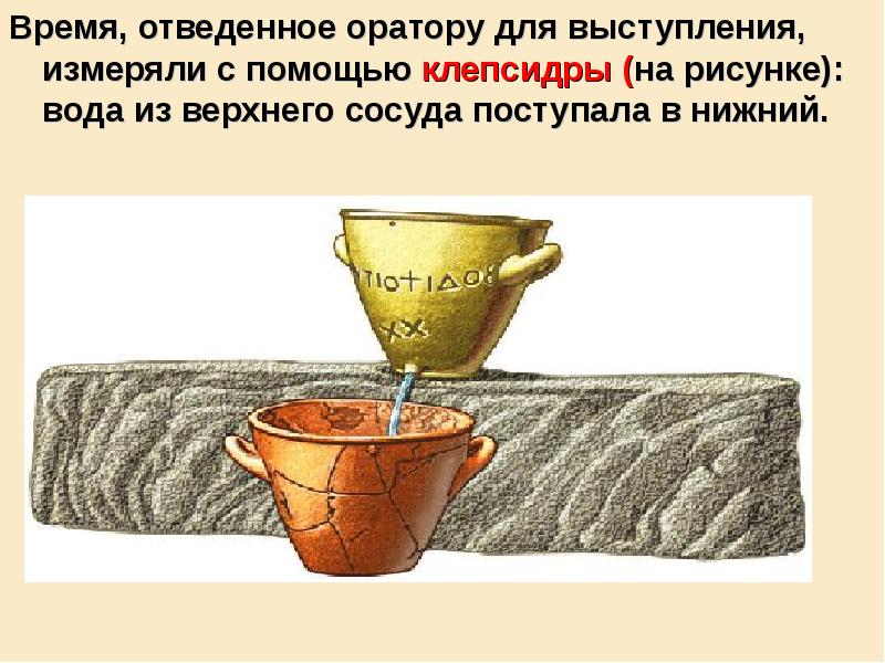 Время, отведенное оратору для выступления, измеряли с помощью клепсидры (на рисунке): Время, отведенное оратору для выступления, измеряли с помощью клепсидры (на рисунке):