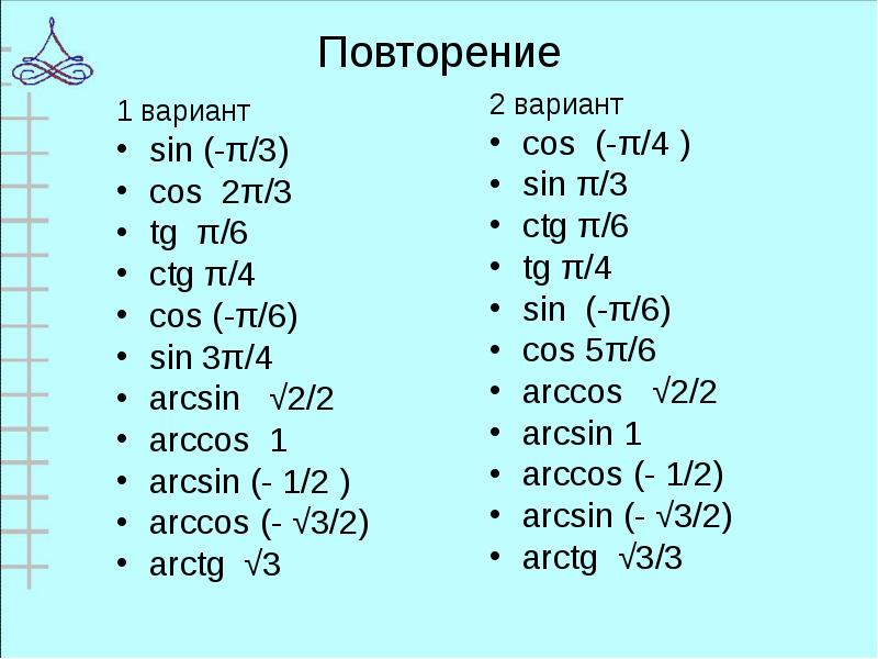 Повторение
1 вариант
sin (-π/3)
cos 2π/3
tg π/6
ctg π/4 Повторение
1 вариант
sin (-π/3)
cos 2π/3
tg π/6
ctg π/4