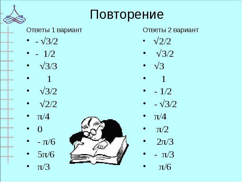 Повторение
Ответы 1 вариант
- √3/2
- 1/2
√3/3
Повторение
Ответы 1 вариант
- √3/2
- 1/2
√3/3