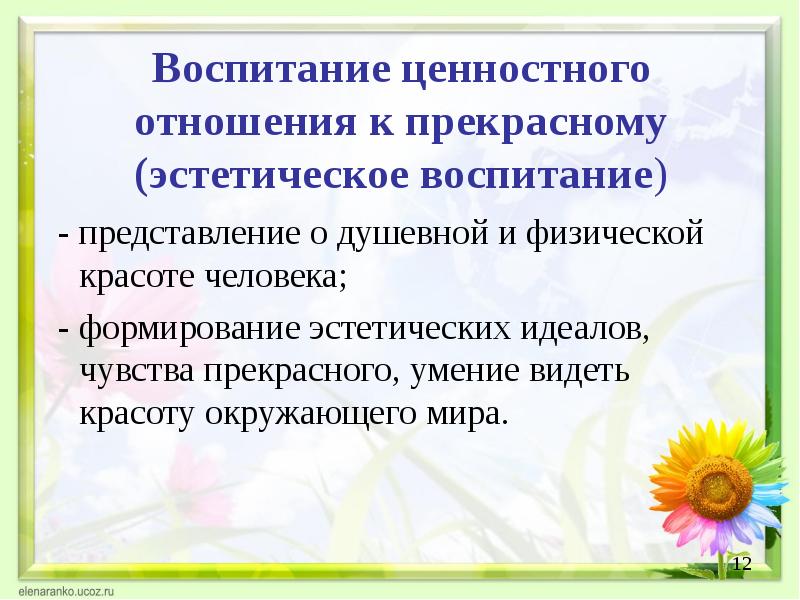 Идеал и ценности воспитания. Воспитание ценностного отношения к прекрасному. Эстетическое воспитание на примере умение видеть красоту.