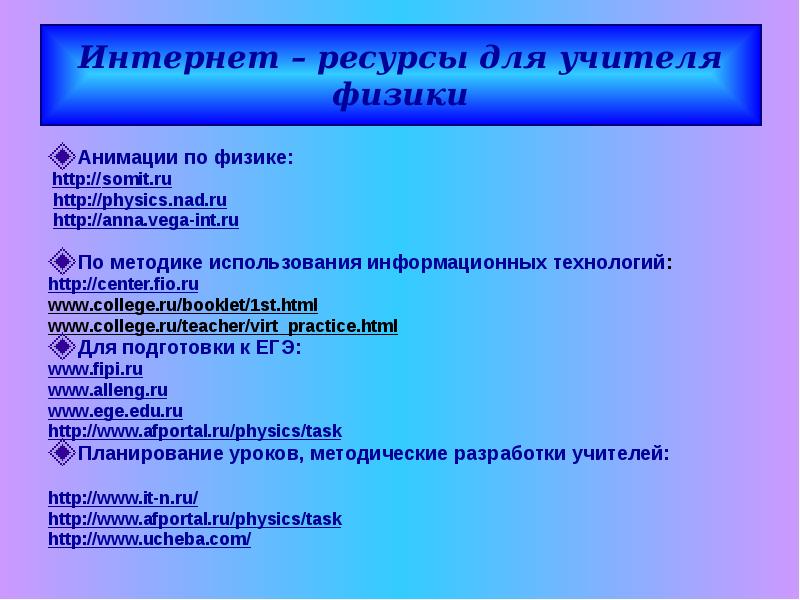 Интернет – ресурсы для учителя физики Анимации по физике:  http://somit.ru