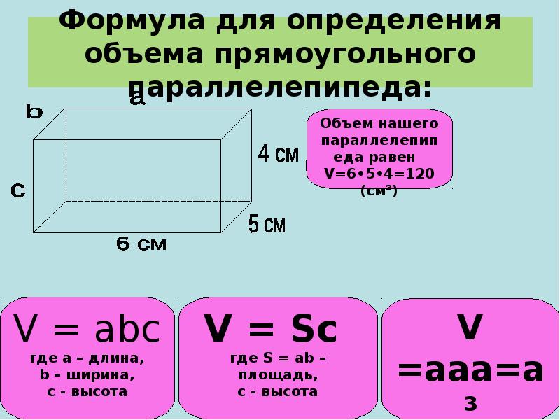Формула для определения объема прямоугольного параллелепипеда: Формула для определения объема прямоугольного параллелепипеда: