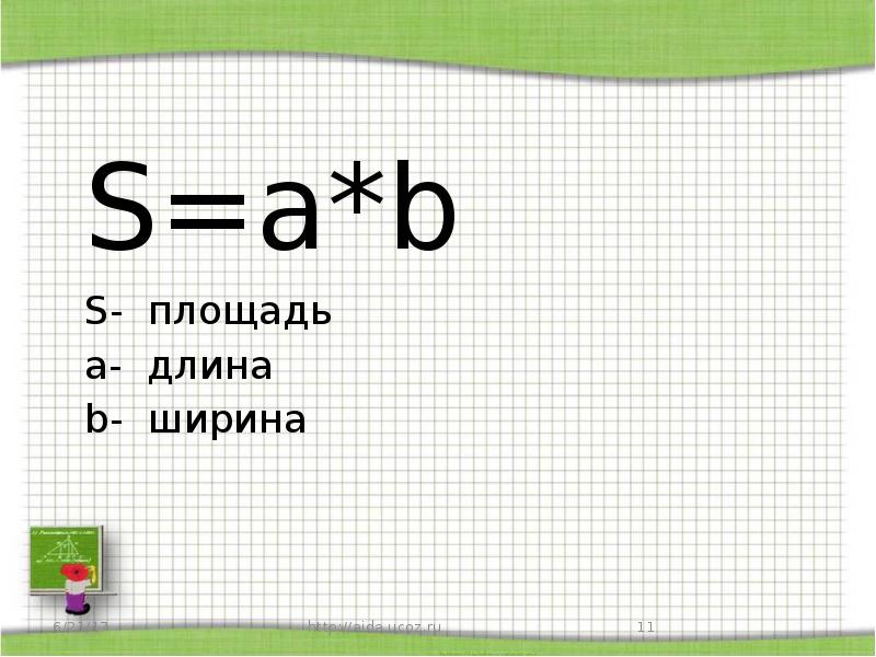 S=a*b
S- площадь
a- длина
b- ширина S=a*b
S- площадь
a- длина
b- ширина