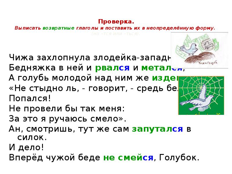 Проверка. Выписать возвратные глаголы и поставить их в неопределённую форму. Проверка. Выписать возвратные глаголы и поставить их в неопределённую форму.