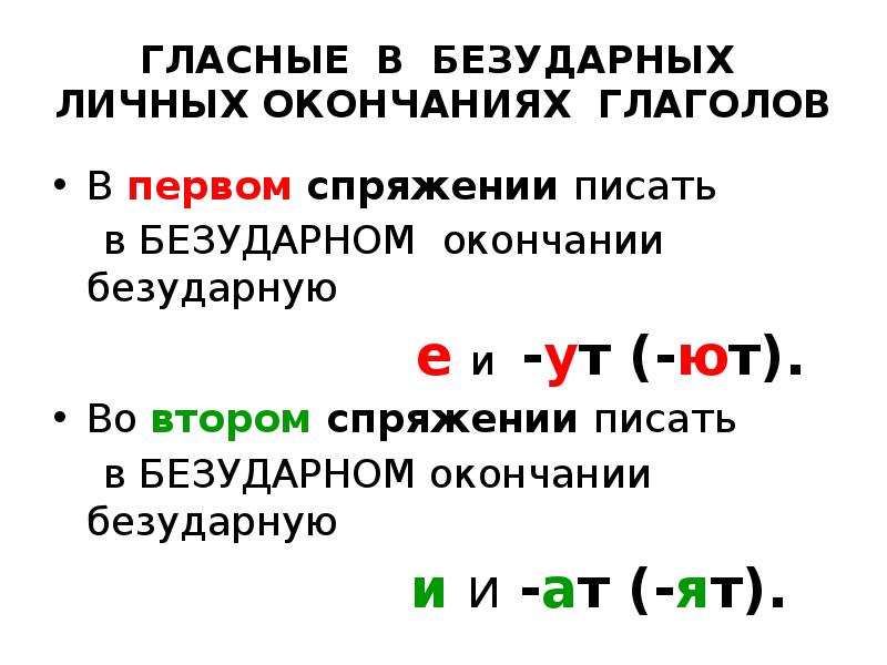 ГЛАСНЫЕ В БЕЗУДАРНЫХ ЛИЧНЫХ ОКОНЧАНИЯХ ГЛАГОЛОВ
В первом спряжении писать ГЛАСНЫЕ В БЕЗУДАРНЫХ ЛИЧНЫХ ОКОНЧАНИЯХ ГЛАГОЛОВ
В первом спряжении писать