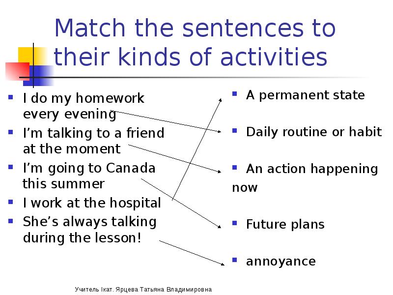 Match the sentences to their meanings. Match the sentences. Permanent State примеры. Match the sentences with the Definitions of Future Actions. Kinds of activities.