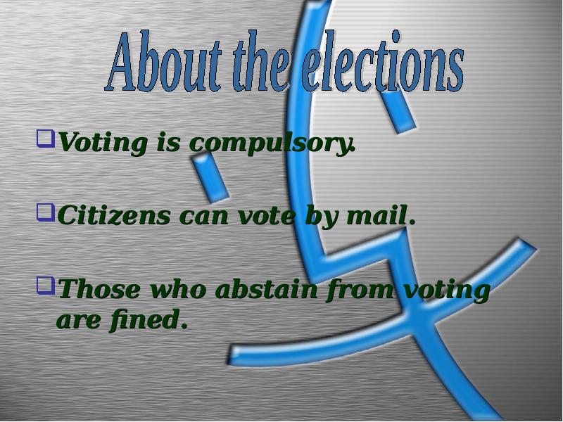 Voting is compulsory.
Voting is compulsory.
Citizens can vote by Voting is compulsory.
Voting is compulsory.
Citizens can vote by