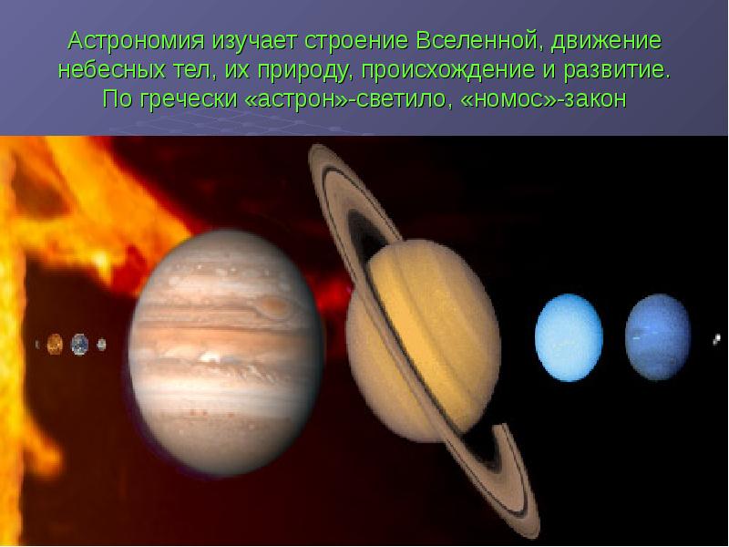 Астрономия изучает строение Вселенной, движение небесных тел, их природу, происхождение и