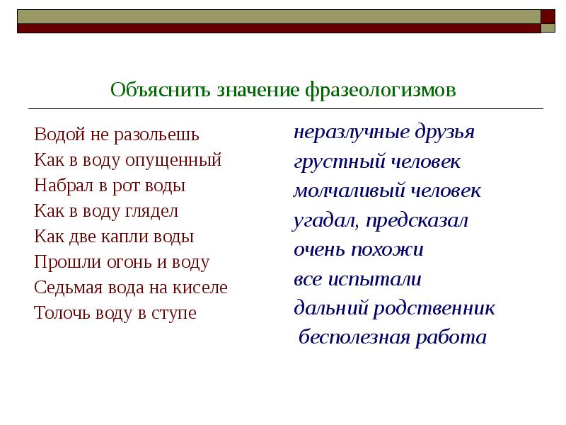 Объясните что означает. Объяснить фразеологизм водой не разольешь. Как объяснить значение фразеологизма. Фразеологизм как в воду глядел. Объясните значение фразеологизма водой не разольёшь.