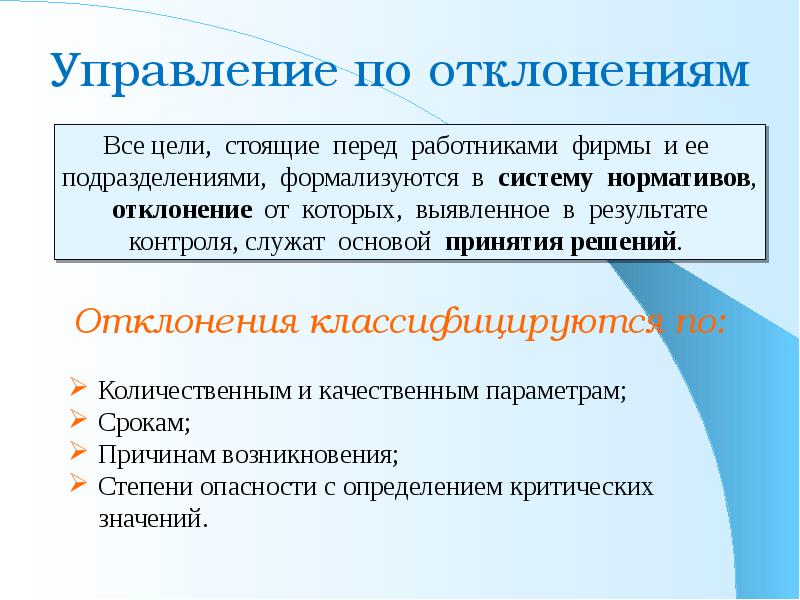 Значение управления. Управление по отклонениям. Технология управления по отклонениям. Управление затратами по отклонениям. Контроль по отклонениям это.