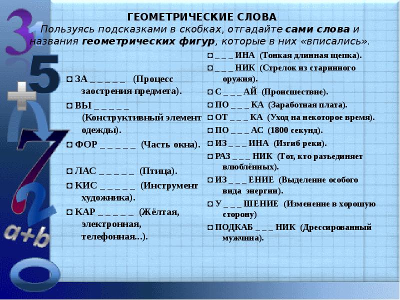 Использовать подсказку. Геометрические слова. Слова из геометрии. Сложные слова в геометрии. Геометрический текст.