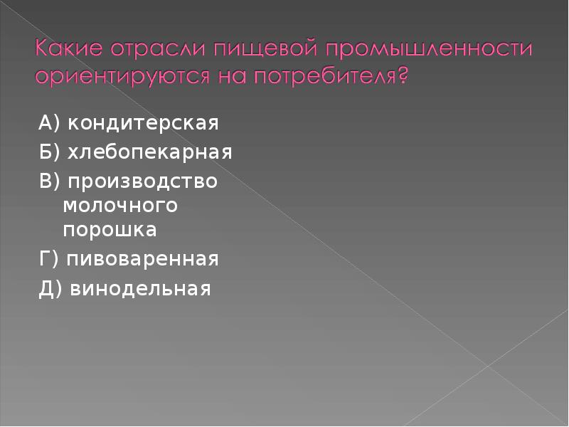 А) кондитерская
А) кондитерская
Б) хлебопекарная
В) производство молочного порошка
Г) А) кондитерская
А) кондитерская
Б) хлебопекарная
В) производство молочного порошка
Г)
