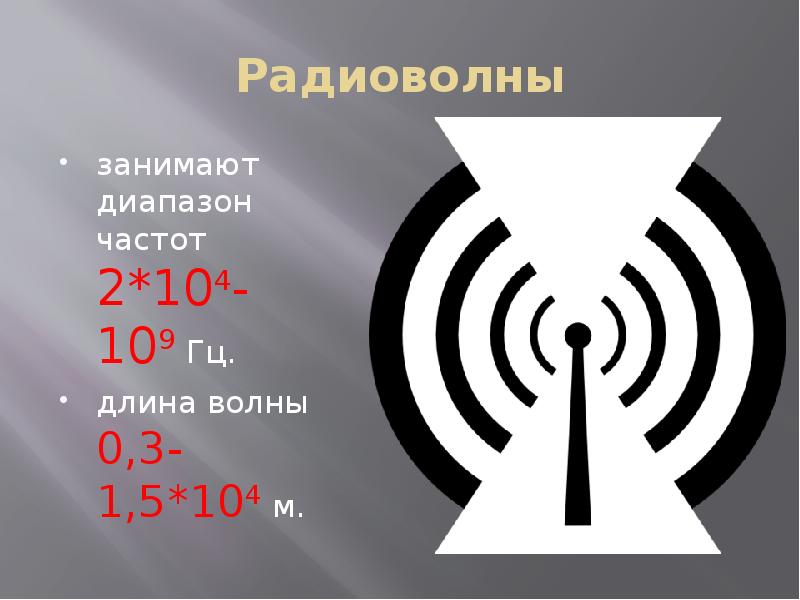Радиоволны занимают диапазон частот 2*104-109 Гц. длина волны 0,3-1,5*104 м.