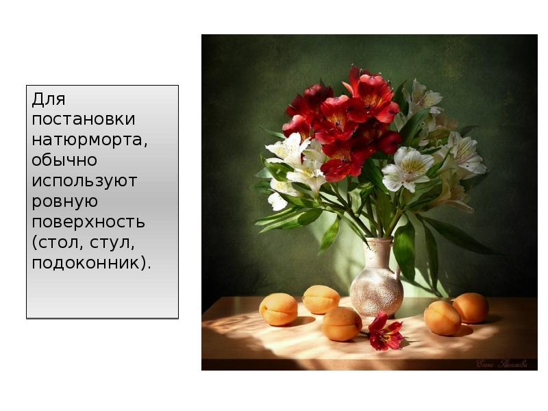 Для постановки натюрморта, обычно используют ровную поверхность (стол, стул, подоконник). Для постановки натюрморта, обычно используют ровную поверхность (стол, стул, подоконник).