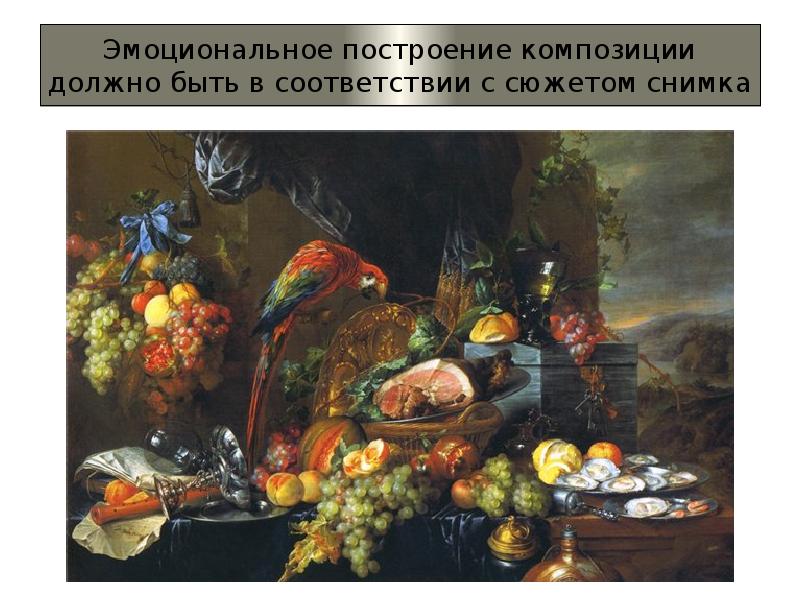 Эмоциональное построение композиции должно быть в соответствии с сюжетом снимка Эмоциональное построение композиции должно быть в соответствии с сюжетом снимка