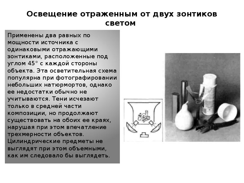 Освещение отраженным от двух зонтиков светом
Применены два равных Освещение отраженным от двух зонтиков светом
Применены два равных